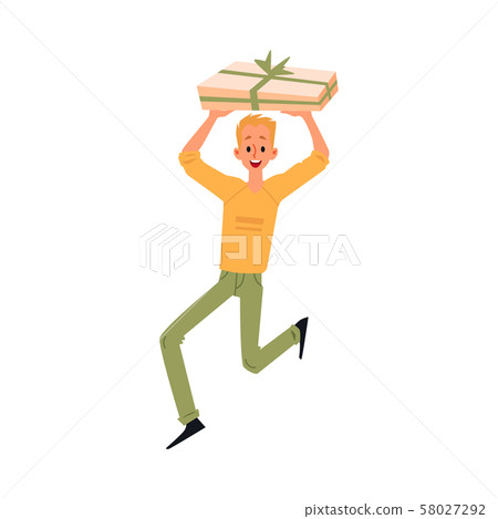 Cheerful man with shopping, gift box flat vector illustration isolated. 58027292