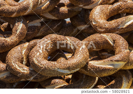 Background with Turkish bagels simit, close-up Background with Turkish bagels simit, close-up 58028921