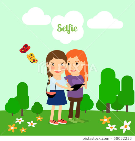 Two girls taking selfie Two girls taking selfie 58032233