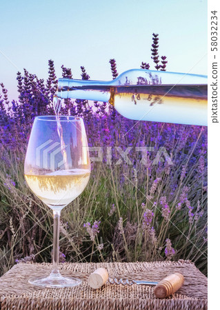 White wine poured into a glass against a lavender field 58032234