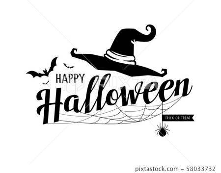 Happy Halloween message vector, hat and cobweb 58033732