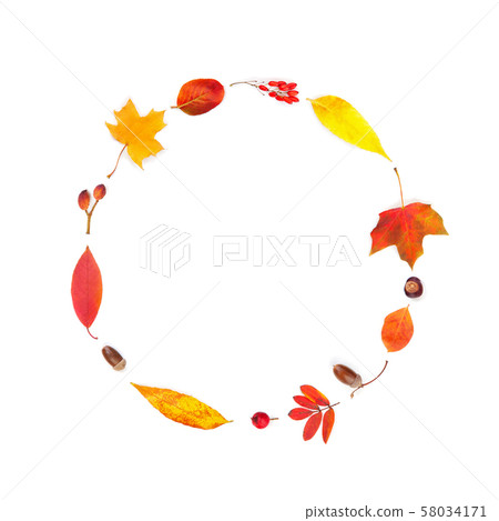 Colorful fall leaves ring shape composition. 58034171