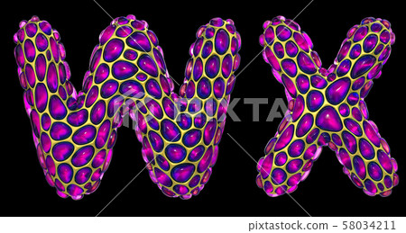 Realistic 3D letters set W, X made of gold shining metal letters. 58034211