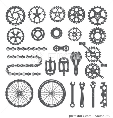 Gears, chains, wheels and other different parts of bicycle 58034989