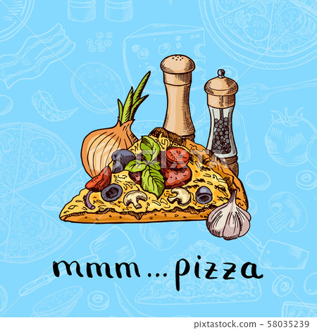Vector colored hand drawn pizza, spices, onion and garlic pile with lettering on pizza ingridients 58035239