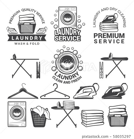 Monochrome labels of laundry service. Illustrations of washing machines Monochrome labels of laundry service. Illustrations of washing machines 58035297