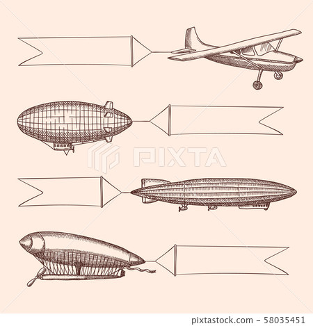 Vector set of steampunk hand drawn vintage dirigibles and airplane with hanging wide ribbons for 58035451