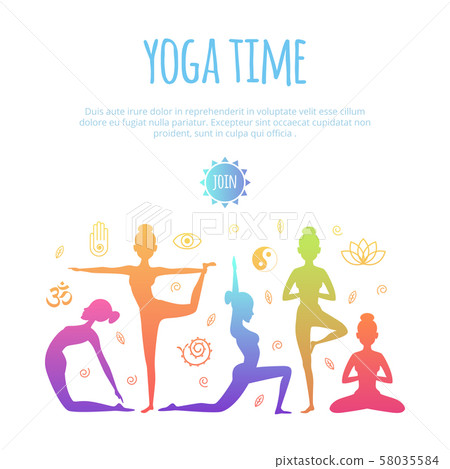 Fitness illustrations with different people making yoga practice 58035584