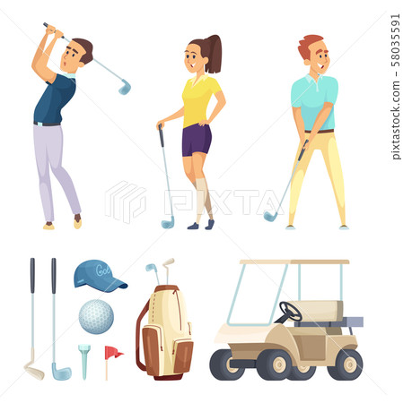 Sport characters and various tools for golf players. Vector cartoon mascots 58035591