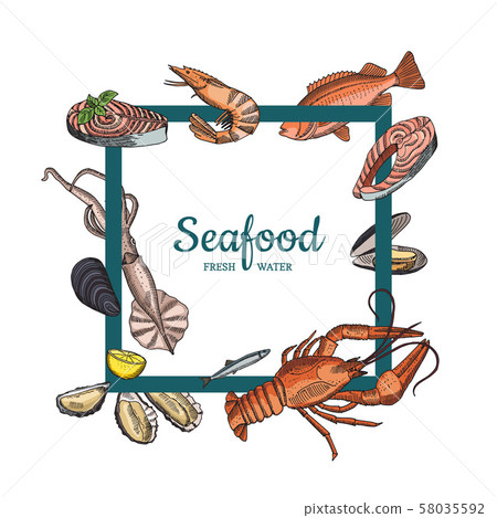 Vector hand drawn seafood elements flying 58035592