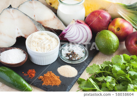 Ingredients for crusted cod with peach and Ingredients for crusted cod with peach and 58038604