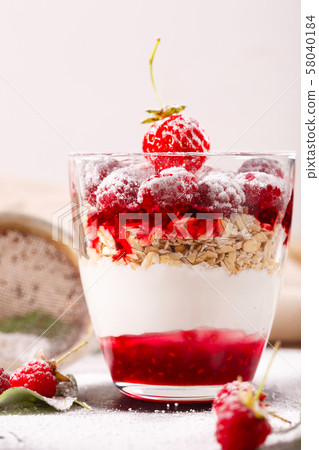 delicious dessert of fresh raspberries and delicious dessert of fresh raspberries and 58040184