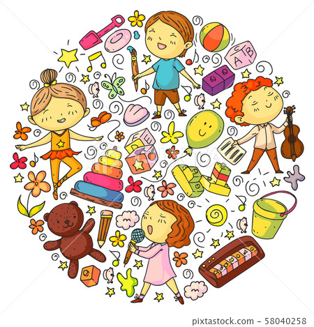 Painted by hand style pattern on the theme of childhood. Vector illustration for children design. Painted by hand style pattern on the theme of childhood. Vector illustration for children design. 58040258