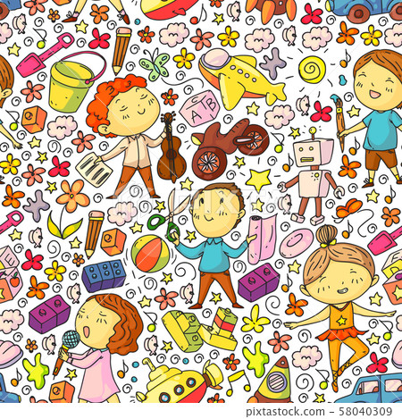 Painted by hand style seamless pattern on the theme of childhood. Vector illustration for children Painted by hand style seamless pattern on the theme of childhood. Vector illustration for children 58040309