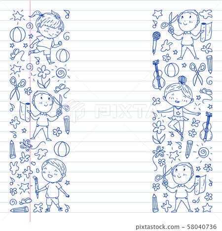 creative kids dancing, sing, playing football, playing guitar, violin, making models from paper 58040736