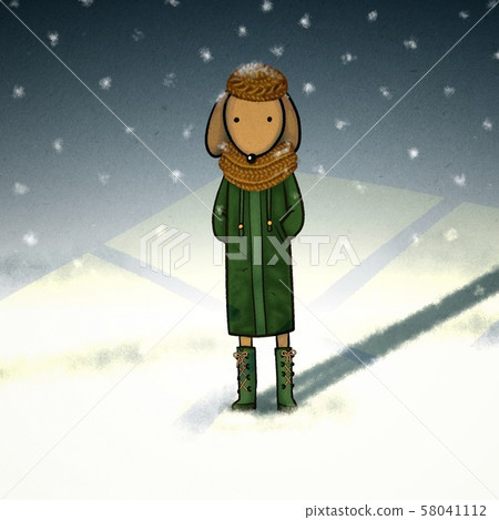 Illustration of a dog coming to see me in winter clothes on a snowy day 58041112