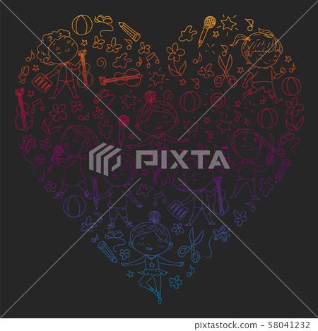 creative kids dancing, sing, playing football, playing guitar, violin, making models from paper 58041232