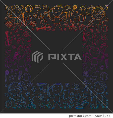 creative kids dancing, sing, playing football, playing guitar, violin, making models from paper 58041237