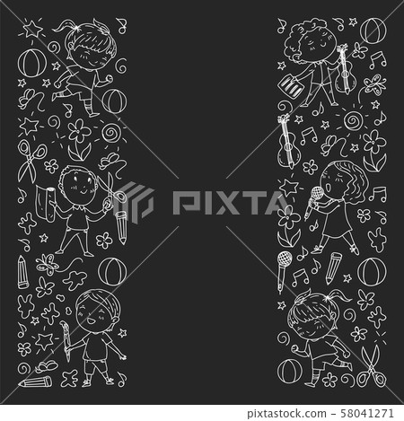 creative kids dancing, sing, playing football, playing guitar, violin, making models from paper 58041271