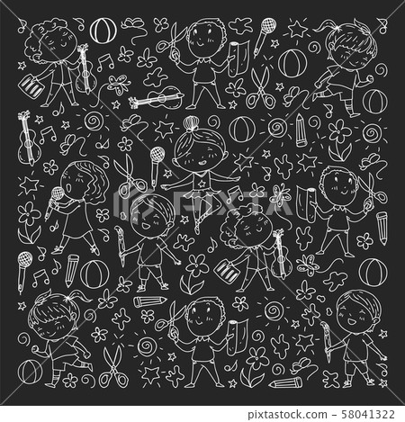 creative kids dancing, sing, playing football, playing guitar, violin, making models from paper 58041322