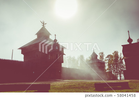Traditional Siberian wooden house in the Taltsy Architectural-Ethnographic Museum. Traditional Siberian wooden house in the Taltsy Architectural-Ethnographic Museum. 58041458