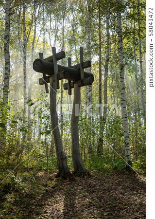 Traditional Siberian wooden house in the Taltsy Architectural-Ethnographic Museum. 58041472