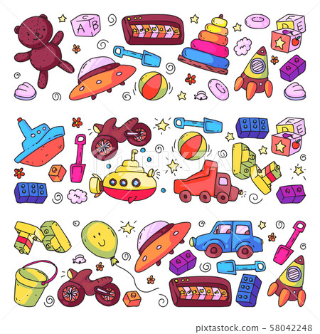Vector pattern with kindergarten, toy children. Happy children illustration. 58042248