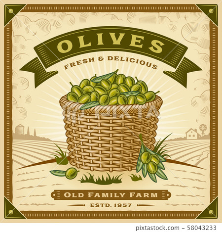 Retro olive harvest label with landscape 58043233