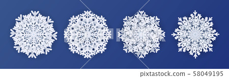 Paper cut snowflakes. 3d white decoration elements for christmas greeting, invitation cards. Vector 58049195