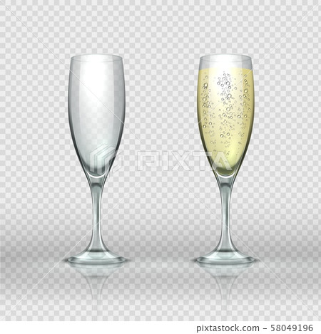 Realistic champagne glass. Empty and full transparent champagne wine glasses. Vector realistic 3D Realistic champagne glass. Empty and full transparent champagne wine glasses. Vector realistic 3D 58049196