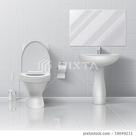 Realistic toilet. Modern 3D bathroom interior with white ceramic wall floor sink toilet bowl paper Realistic toilet. Modern 3D bathroom interior with white ceramic wall floor sink toilet bowl paper 58049211