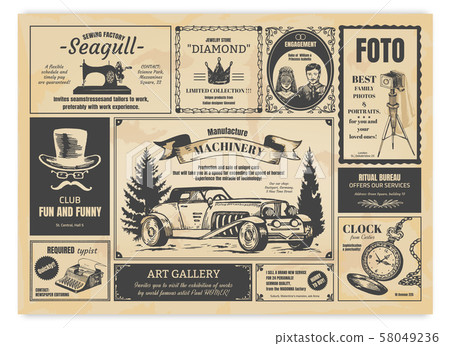 Vintage newspaper advertising. Newsprint labels with retro fonts, frames and old illustrations 58049236