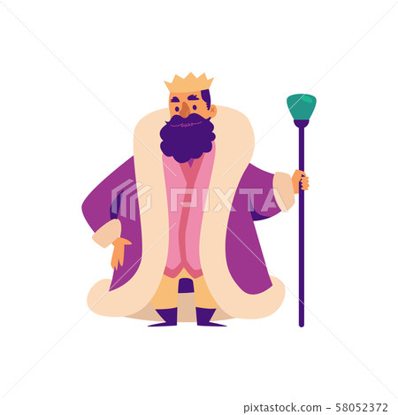 Middle Ages king fairy tale character in crown flat vector illustration isolated. Middle Ages king fairy tale character in crown flat vector illustration isolated. 58052372