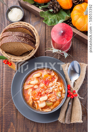 Soup with turkey, pasta, carrot, celery, tomato Soup with turkey, pasta, carrot, celery, tomato 58053392