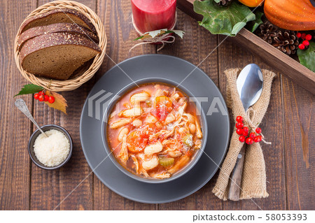 Soup with turkey, pasta, carrot, celery, tomato Soup with turkey, pasta, carrot, celery, tomato 58053393