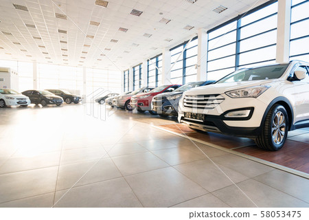 New cars at sunlit dealer showroom close view New cars at sunlit dealer showroom close view 58053475