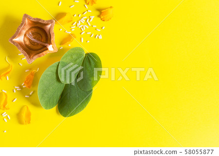 Happy Dussehra. Clay Diya lamps lit during, Dussehra Indian Festival concept. 58055877