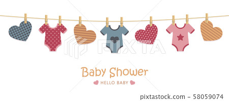 baby shower welcome greeting card for childbirth with hanging hearts and bodysuits 58059074