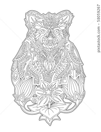 Coloring book art with cartoon bear and flowers Coloring book art with cartoon bear and flowers 58059267