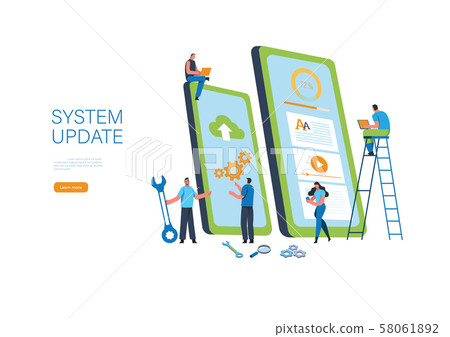 System updates with people updating operation... - Stock Illustration ...