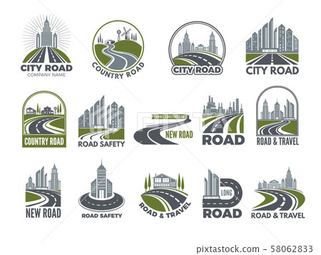 Monochrome big set of logotypes template with asphalt roads, expressway or highway Monochrome big set of logotypes template with asphalt roads, expressway or highway 58062833