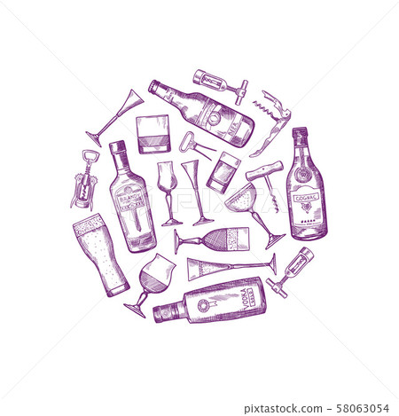 Vector hand drawn alcohol drink bottles and glasses 58063054