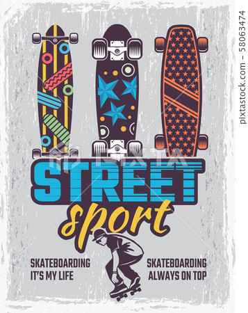 Retro poster with illustrations of colored skateboards Retro poster with illustrations of colored skateboards 58063474