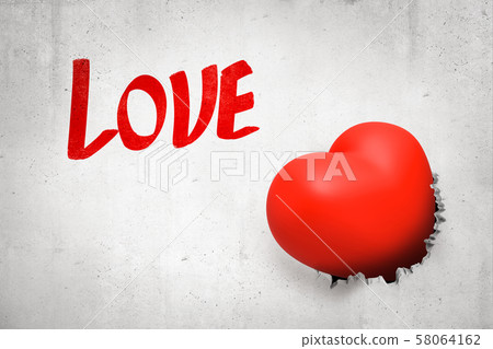 3d close-up rendering of white wall with title 'Love', hole and red valentine heart sitting in hole. 58064162