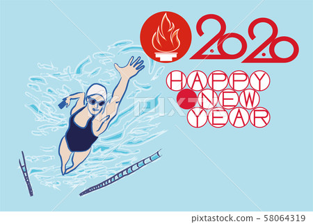 New Year's card_Yoko_ Mouse swimming New Year's card_Yoko_ Mouse swimming 58064319