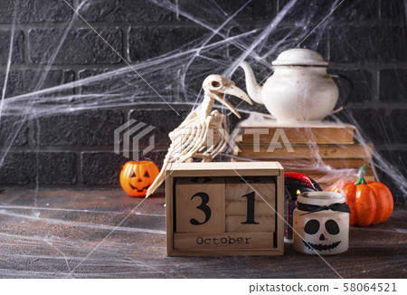Halloween background with bird skeleton 58064521
