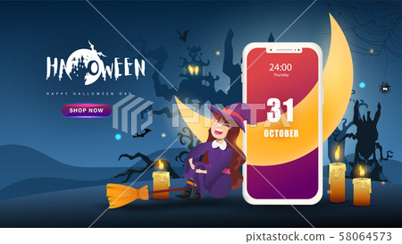 Little Cute Witch On Dark Night Background Stock