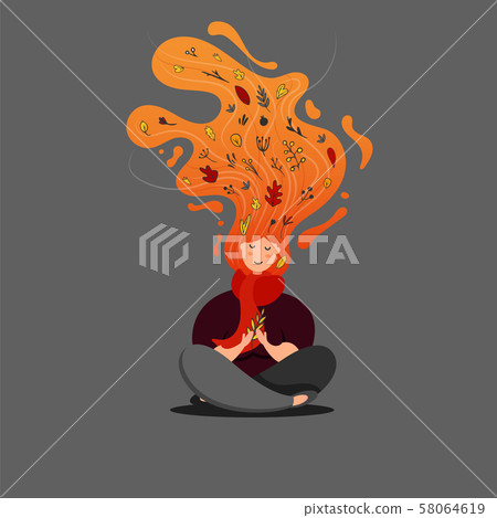 Hello Autumn seasonal card with beautiful girl 58064619