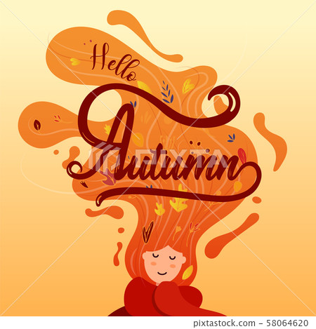 Hello Autumn seasonal card with women, long hair 58064620