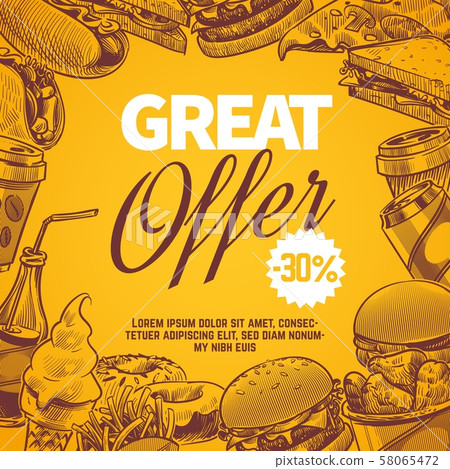 Fast food sketch. Hot dog, ice cream and cola, coffee and hamburger, donuts and fries vector hand 58065472